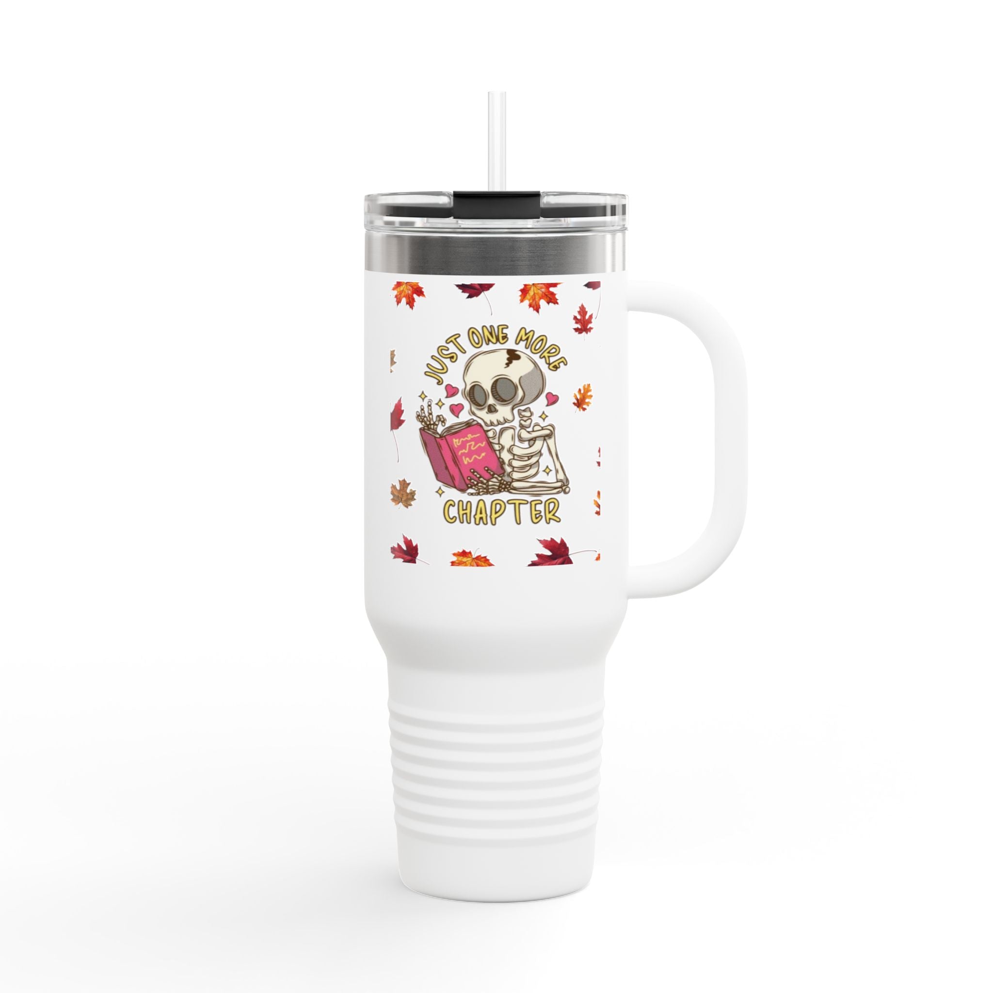 "Just One More Chapter" Skeleton Travel Mug – Autumn Leaves 40oz