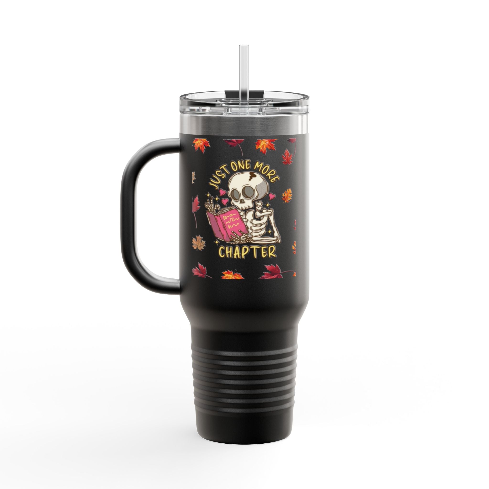 "Just One More Chapter" Skeleton Travel Mug – Autumn Leaves 40oz