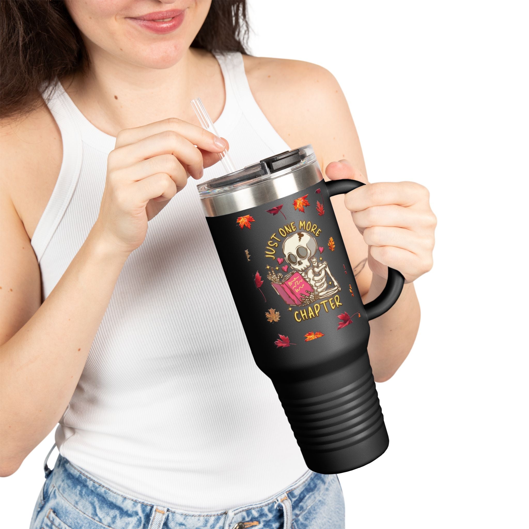 "Just One More Chapter" Skeleton Travel Mug – Autumn Leaves 40oz