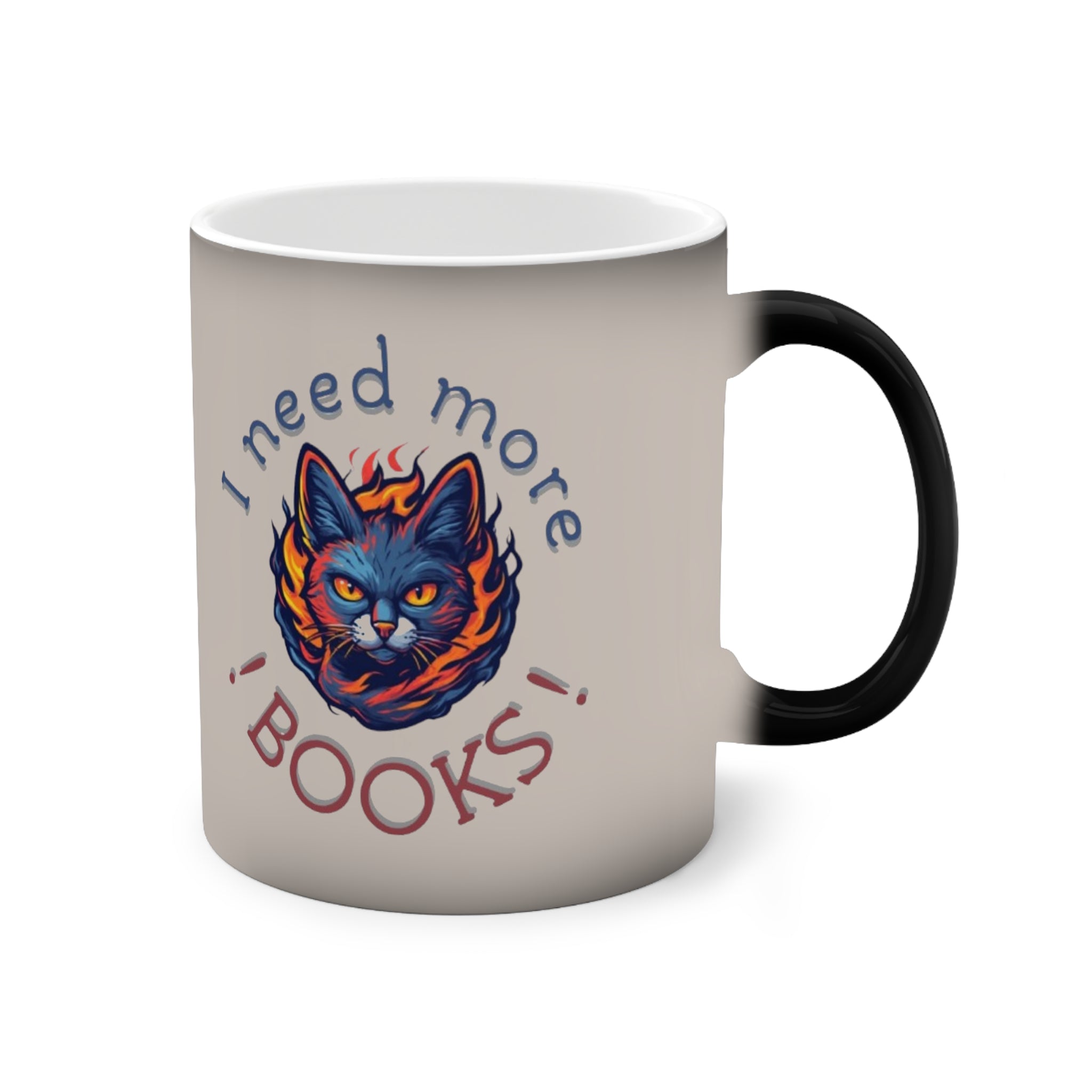 "I Need More Books" Color-Changing Cat Mug – Readers & Coffee Lovers