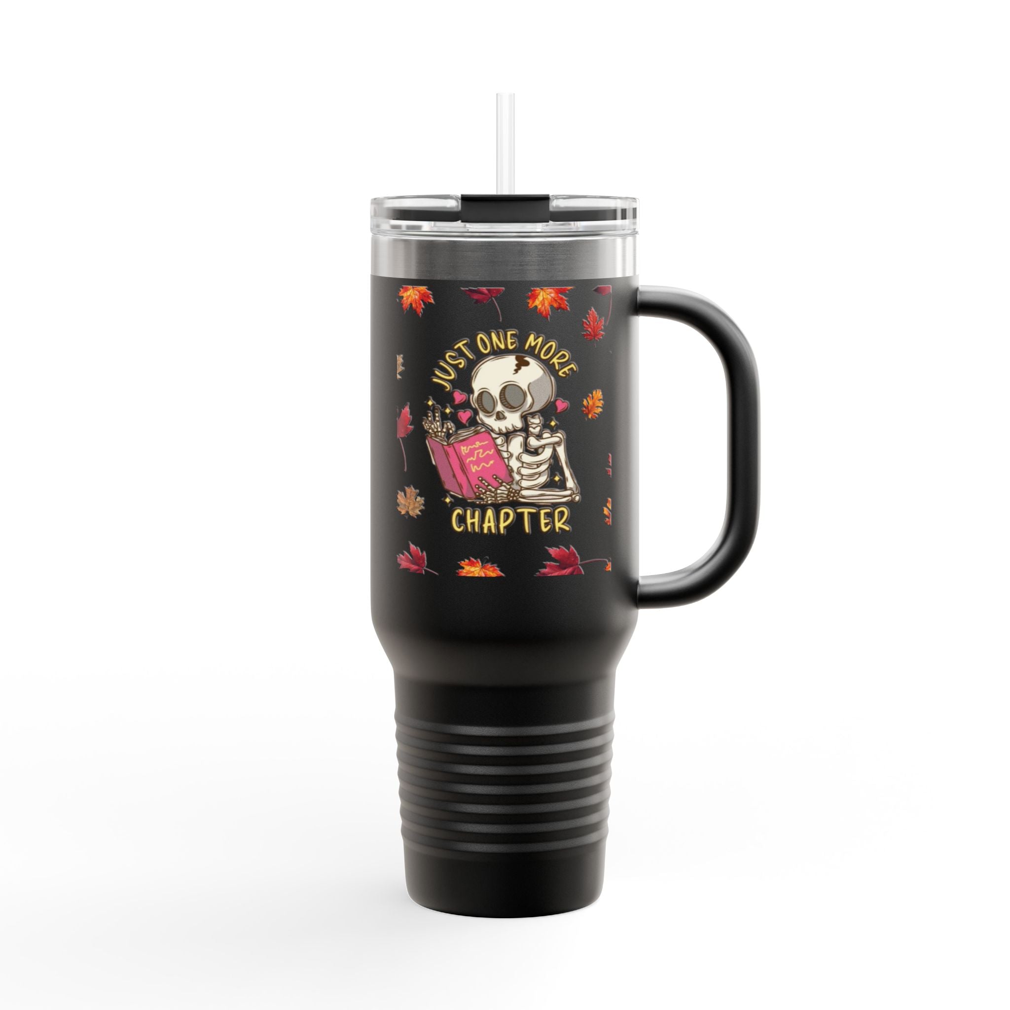 "Just One More Chapter" Skeleton Travel Mug – Autumn Leaves 40oz