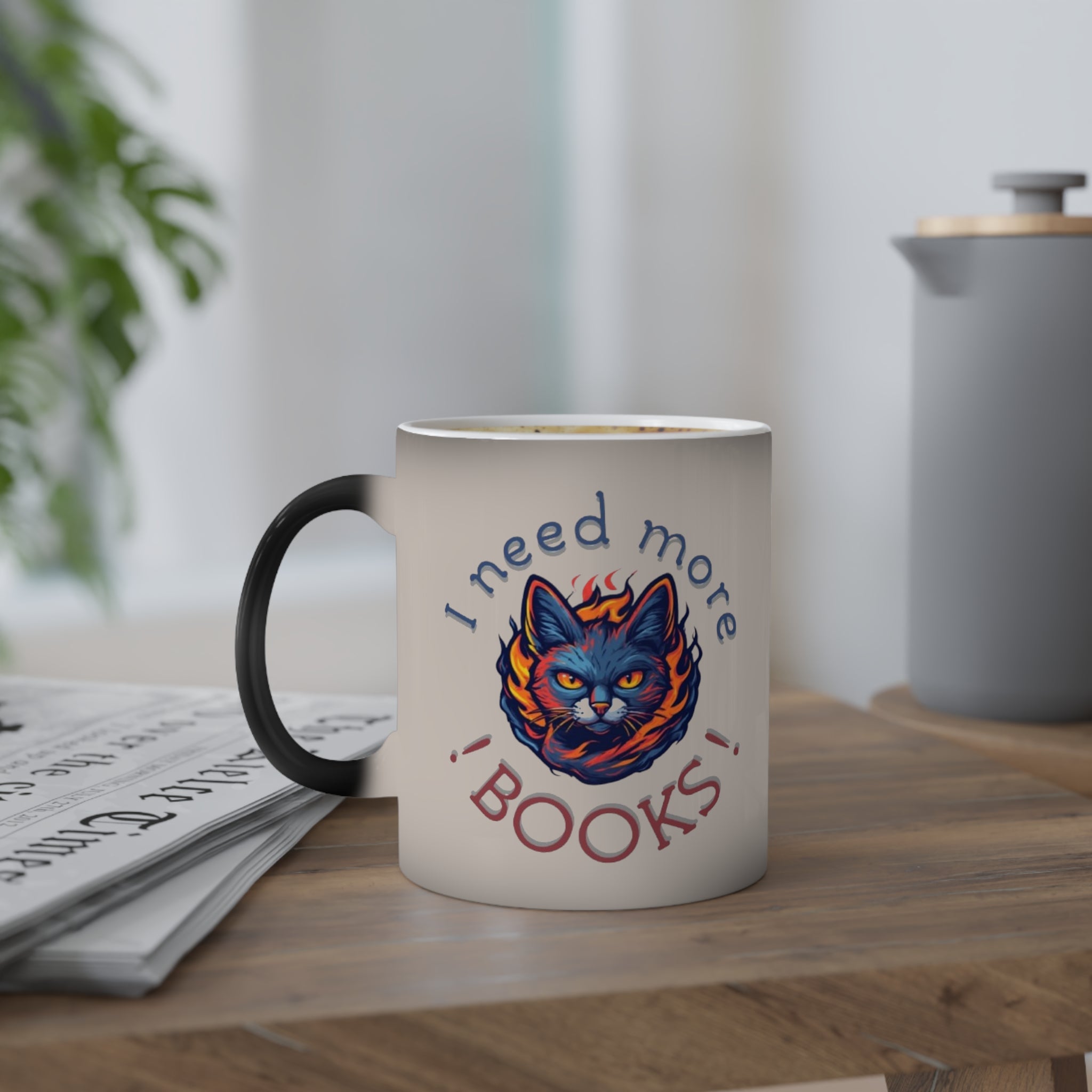 "I Need More Books" Color-Changing Cat Mug – Readers & Coffee Lovers
